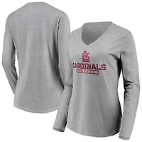 T-shirt gris à manches longues et col en V pour femme, motif Evanston Stencil des Cardinals de Saint-Louis