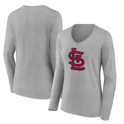 Women's Gray St. Louis Cardinals Official Logo Long Sleeve V-Neck T-Shirt