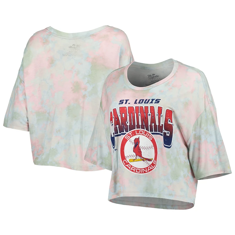Majestic Threads St. Louis Cardinals Cooperstown Collection T-shirt court à trois mélanges tie-dye boxy pour femme