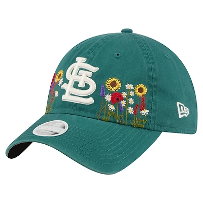 Casquette ajustable New Era 9TWENTY vert foncé pour femme, motif floral des Cardinals de Saint-Louis