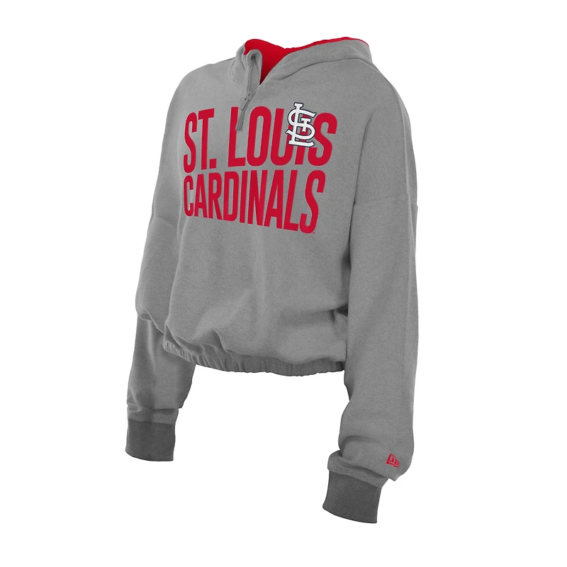 Sweat à capuche court bandes et fermeture éclair quart de tour New Era gris chiné pour femme des Cardinals St. Louis