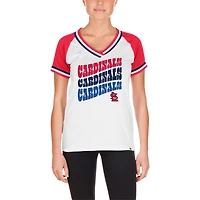 T-shirt à col en V raglan double reliure jersey New Era blanc St. Louis Cardinals pour femme