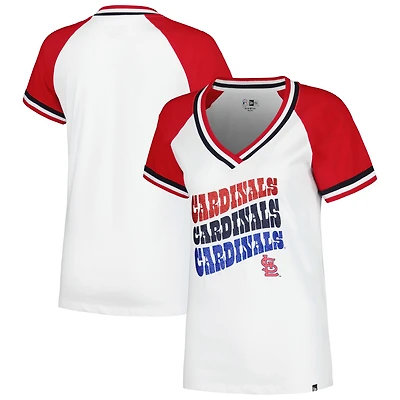T-shirt à col en V raglan double reliure jersey New Era blanc St. Louis Cardinals pour femme