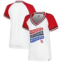 T-shirt à col en V raglan double reliure jersey New Era blanc St. Louis Cardinals pour femme