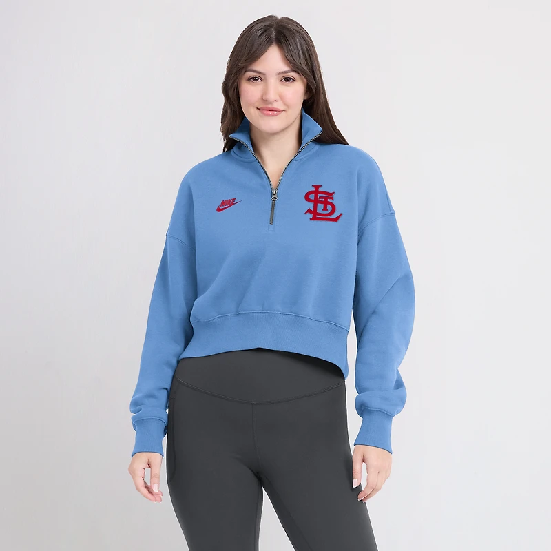 Sweat-shirt en molleton demi-zippé Nike bleu clair pour femme St. Louis Cardinals Cooperstown Collection Phoenix