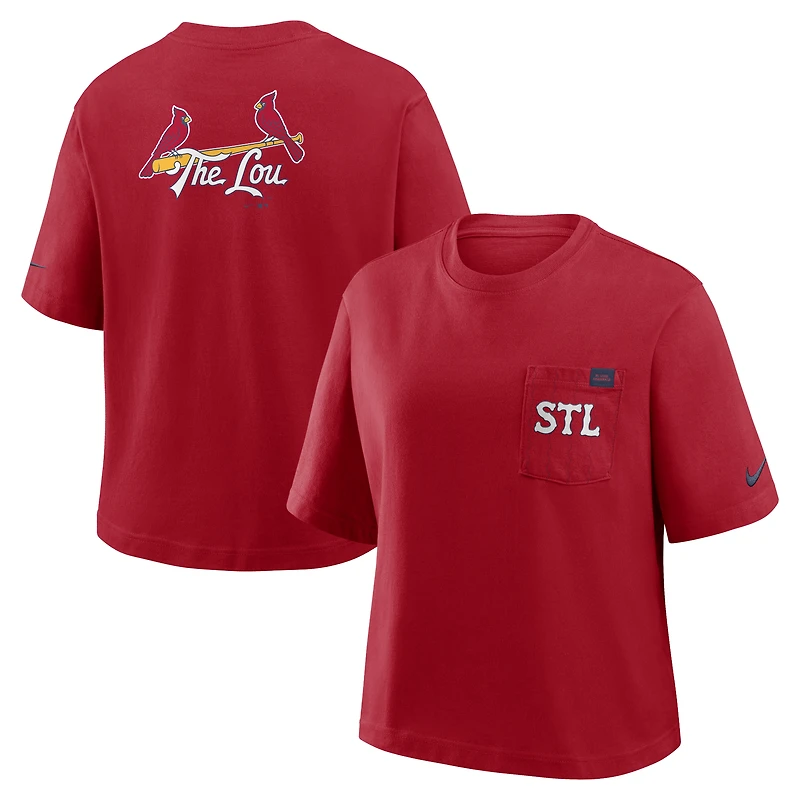 T-shirt Nike City Connect Pocket Boxy rouge pour femme, modèle St. Louis Cardinals.
