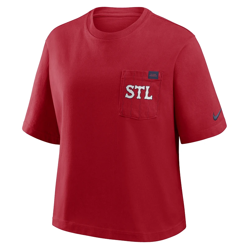 T-shirt Nike City Connect Pocket Boxy rouge pour femme, modèle St. Louis Cardinals.