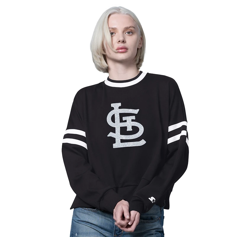 Women's Starter Black St. Louis Cardinals Rally Cropped Drop Shoulder Crewneck Sweatshirt