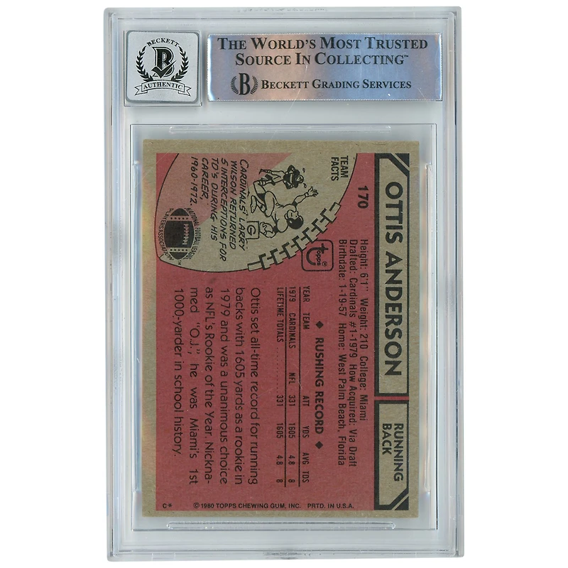 Carte de recrue 10 authentifiée Topps #170 Beckett de 1980 autographiée par Ottis Anderson des Cardinals de St. Louis