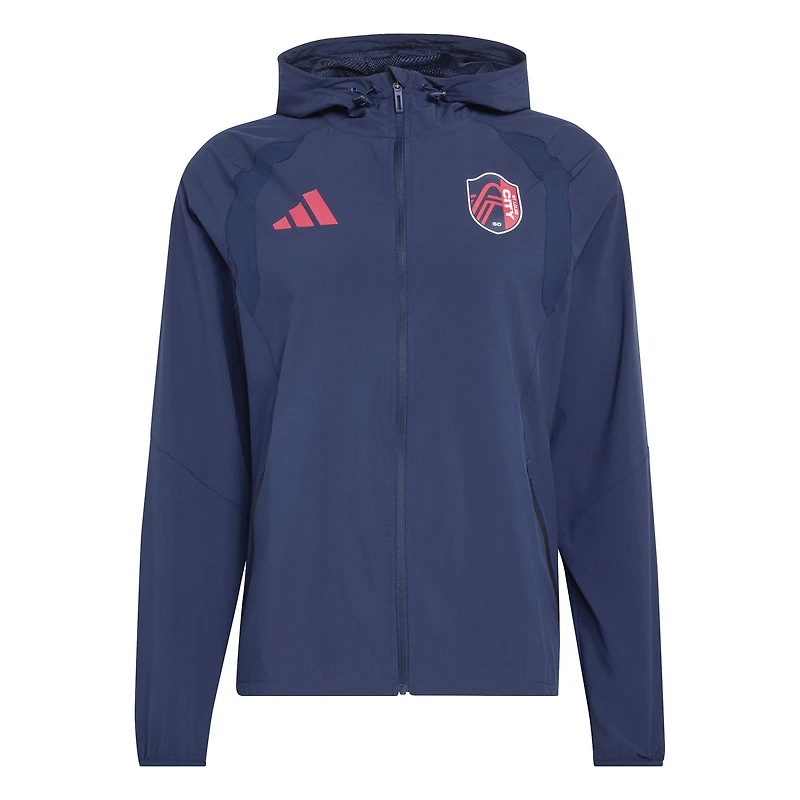 Coupe-vent à capuche zippé adidas St. Louis CITY SC Tiro Travel pour homme, bleu marine