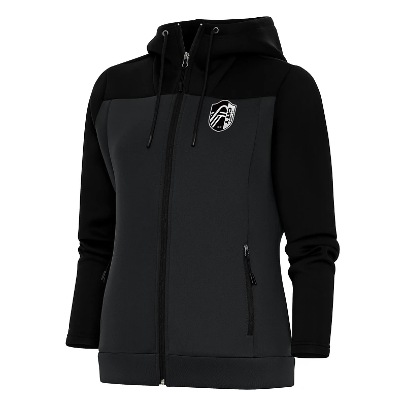 Women's Antigua Black/Charcoal St. Louis City SC Brushed Metallic Logo Protect Full-Zip Hoodie