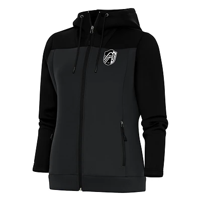 Women's Antigua Black/Charcoal St. Louis City SC Brushed Metallic Logo Protect Full-Zip Hoodie