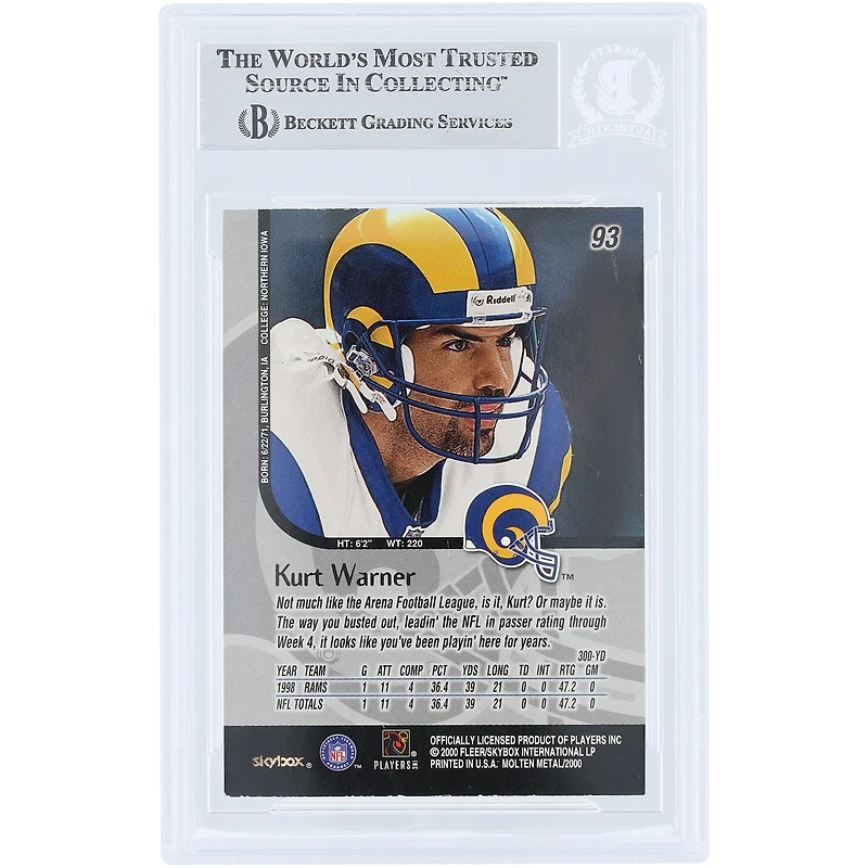Carte de recrue authentifiée par Beckett Fanatics Witnessed, signée par Kurt Warner, des Rams de Saint-Louis (1999, Skybox Molten Metal n° 93).