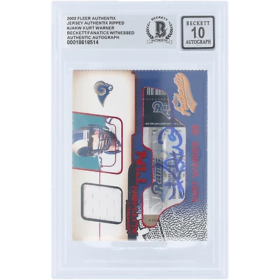 Maillot autographié de Kurt Warner (St. Louis Rams) de 2002, Fleer Authentix, relique de maillot blanc déchiré Authentix #JA-KW, authentifié par Beckett Fanatics Witnessed. Carte n° 10.