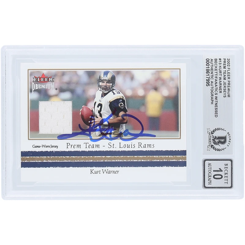 Carte authentifiée par Kurt Warner (St. Louis Rams) de 2002, Fleer Premium Prem Team Jersey Relic #KW Beckett Fanatics Witnessed 10