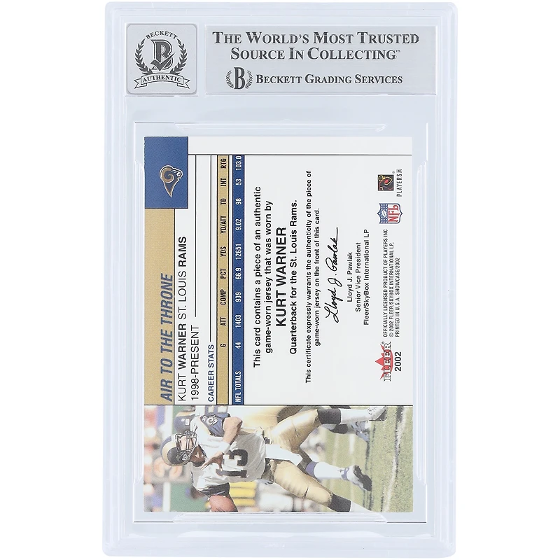 Kurt Warner St. Louis Rams Autographed 2002 Fleer Showcase Air To The Throne Jerseys Relic #KW Beckett Fanatics Witnessed Authenticated 10 Card