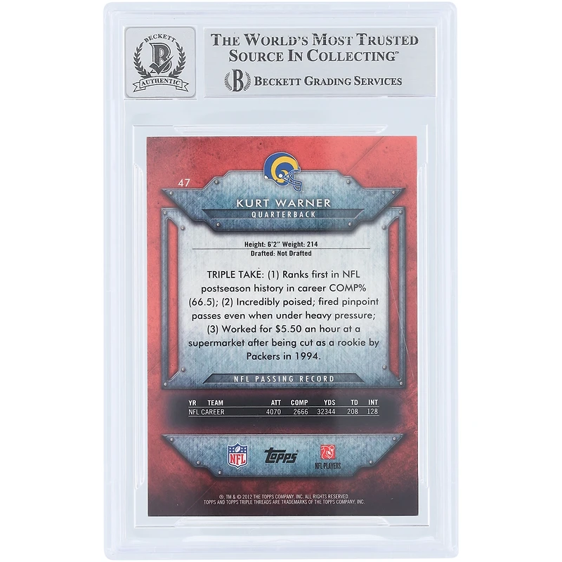 Kurt Warner St. Louis Rams Autographed 2012 Topps Triple Threads #47 #/989 Beckett Fanatics Witnessed Authenticated 10 Card