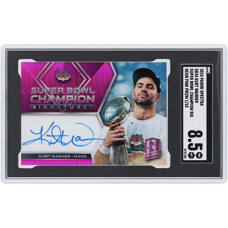 Carte autographiée de Kurt Warner (St. Louis Rams) 2018 Panini Spectra Neon Pink Prizm Super Bowl Champion Signatures #SB34 #1/10 authentifiée SGC 8.5