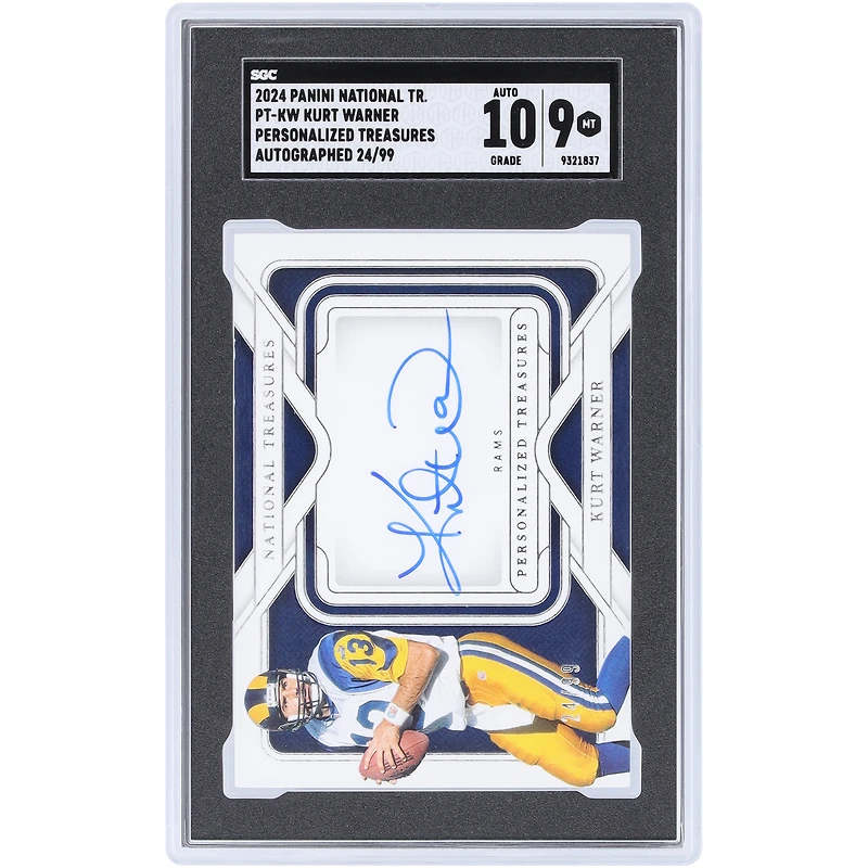 Carte autographiée de Kurt Warner (St. Louis Rams) 2024 Panini National Treasures Personalized Signatures #PT-KW #24/99 authentifiée par SGC (9/10).