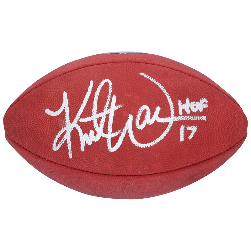 Ballon de football Duke en couleur autographié par Kurt Warner des Rams de St. Louis avec l'inscription « HOF 17 »