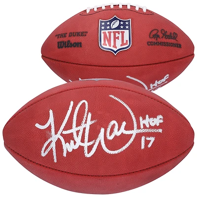 Ballon de football Duke en couleur autographié par Kurt Warner des Rams de St. Louis avec l'inscription « HOF 17 »