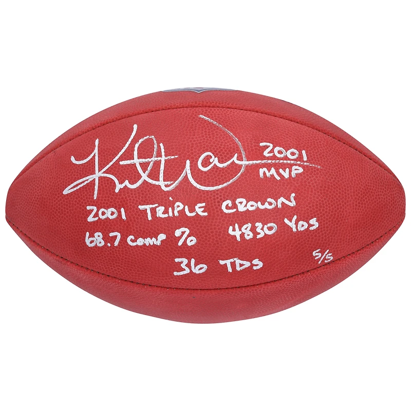Ballon de football Duke en couleur autographié par Kurt Warner des St. Louis Rams avec plusieurs inscriptions - Édition limitée n° 5/5