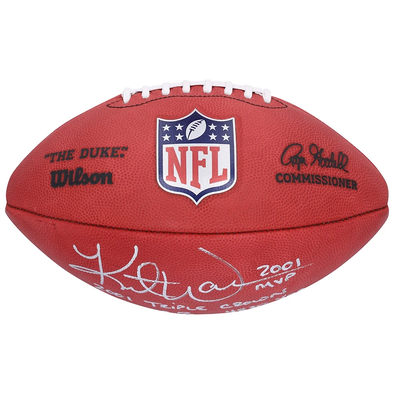 Ballon de football Duke en couleur autographié par Kurt Warner des St. Louis Rams avec plusieurs inscriptions - Édition limitée n° 5/5