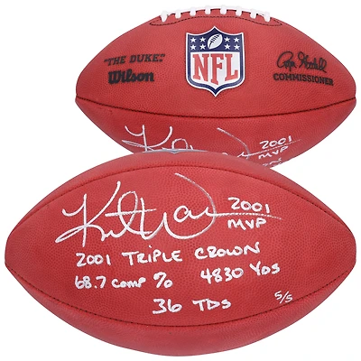 Ballon de football Duke en couleur autographié par Kurt Warner des St. Louis Rams avec plusieurs inscriptions - Édition limitée n° 5/5
