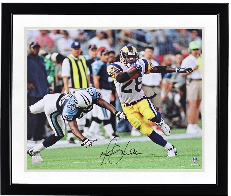 Marshall Faulk St. Louis Rams Autographed 16" x 20" Juking Titans Defender Photograph