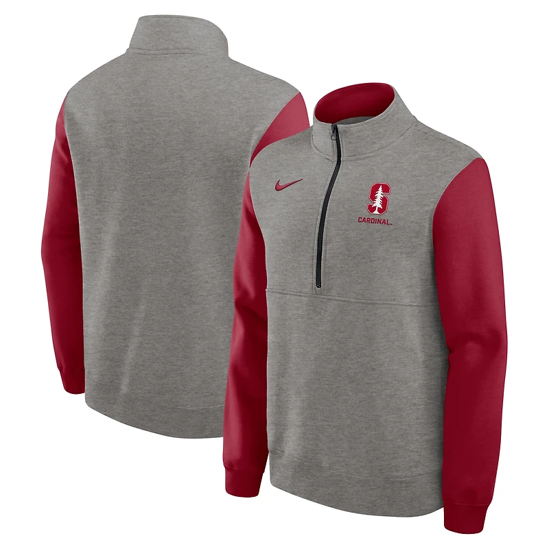 Pull en molleton demi-zippé Nike Stanford Cardinal Club pour homme, gris chiné/cardinal