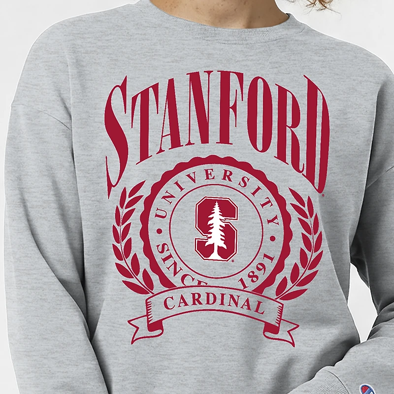 Women's Champion  Heather Gray Stanford Cardinal Academic Crest Powerblend Crewneck Sweatshirt