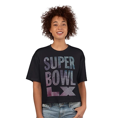 Women's G-III 4Her by Carl Banks  Black Super Bowl LX Play Ball Oversized Cropped T-Shirt