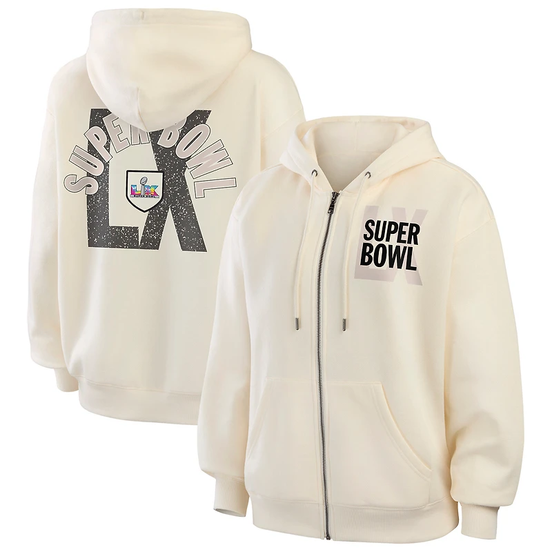 Sweat à capuche zippé en polaire beige Super Bowl LX pour femme de WEAR by Erin Andrews