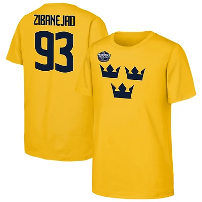 T-shirt de joueur hockey sur glace Mika Zibanejad Gold pour les jeunes Suède en 2025