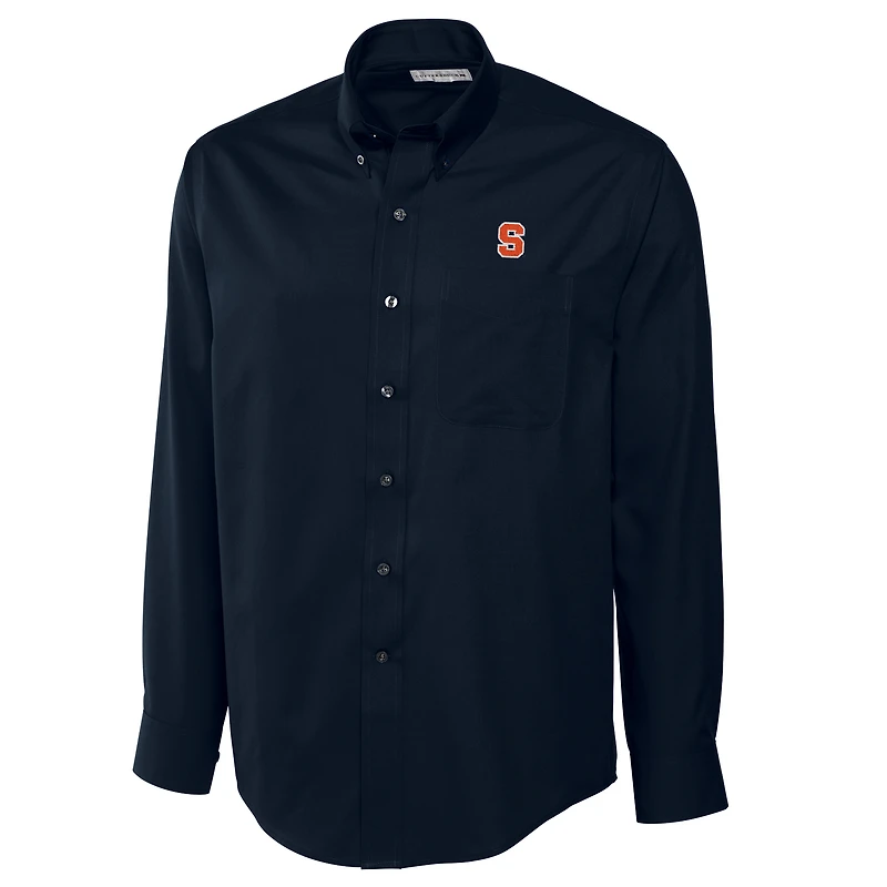 Chemise boutonnée à manches longues en sergé fin facile d'entretien pour homme, bleu marine, orange Syracuse, coupe large et grande taille