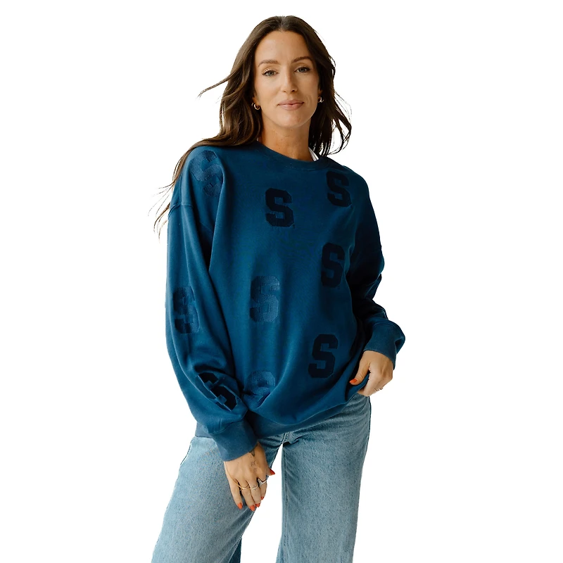 Sweat-shirt ras du cou à manches lanternes et imprimé Ritter bleu marine orange de Syracuse pour femme