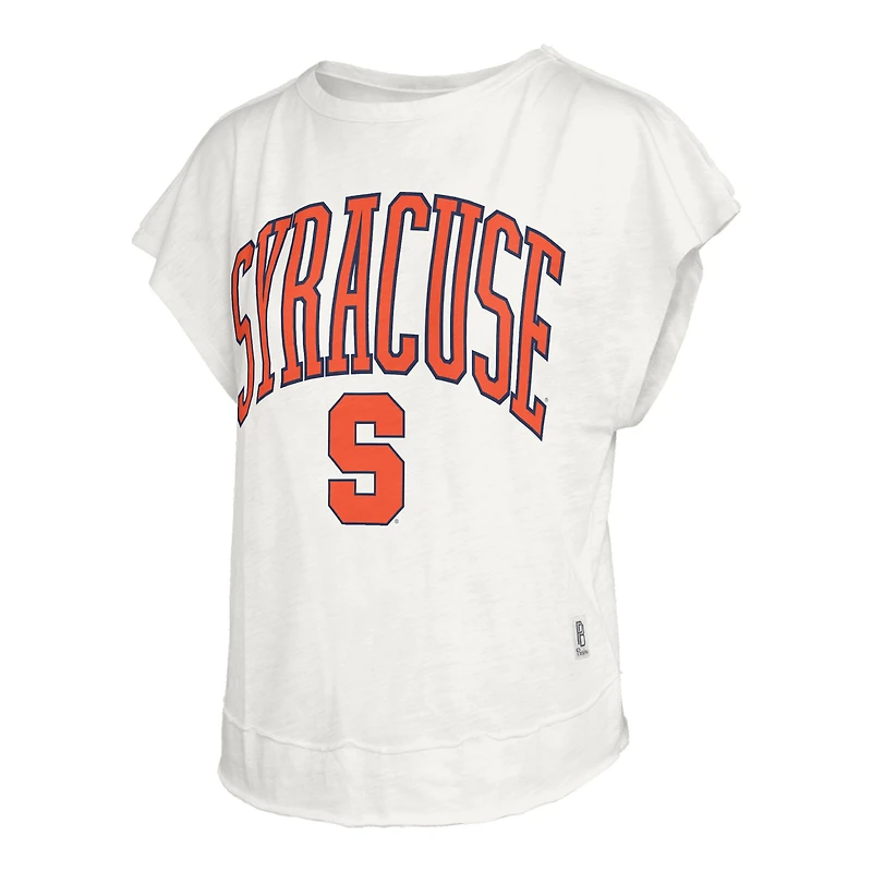 T-shirt Pressbox Cream Syracuse Orange Nelson Movement pour femme, dos ouvert, en flammé.