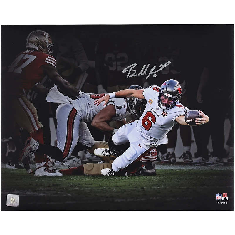 Baker Mayfield Tampa Bay Buccaneers Autographed 16" x 20" Stretching for 1st Down Spotlight Photograph