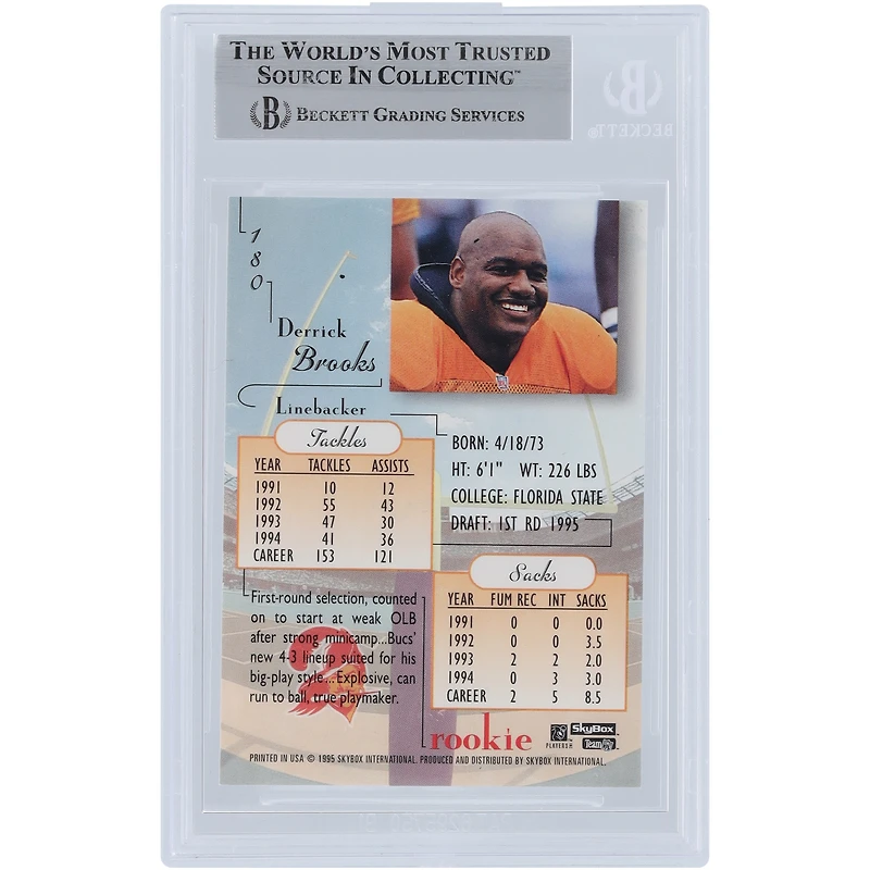 Derrick Brooks Tampa Bay Buccaneers Autographed 1995 Skybox Premium #180 Beckett Fanatics Witnessed Authenticated Rookie Card