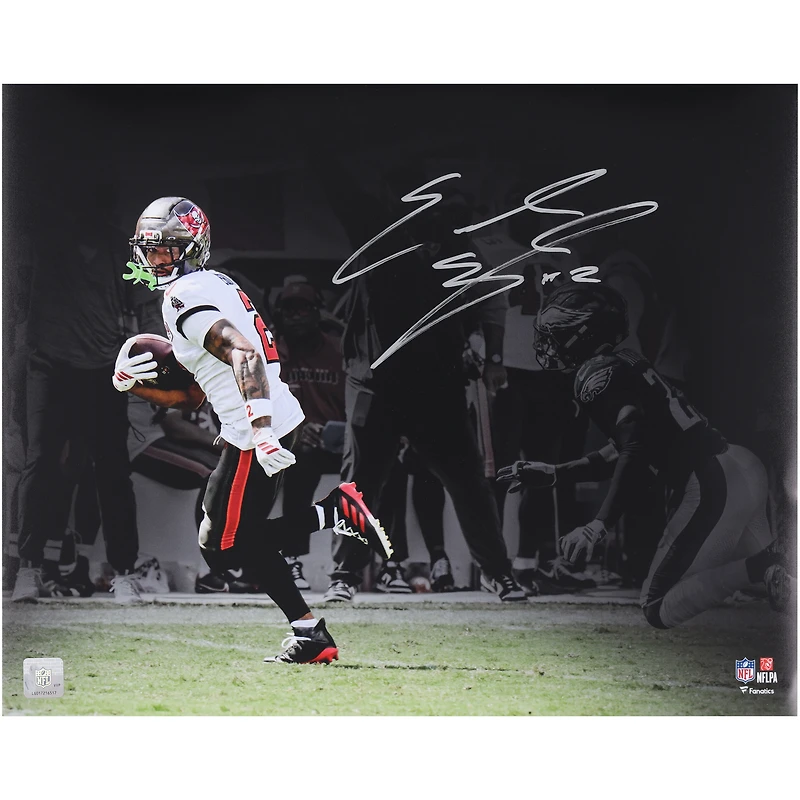 Emeka Egbuka Tampa Bay Buccaneers Autographed 16" x 20" White Jersey Rushing Touchdown Spotlight Photograph