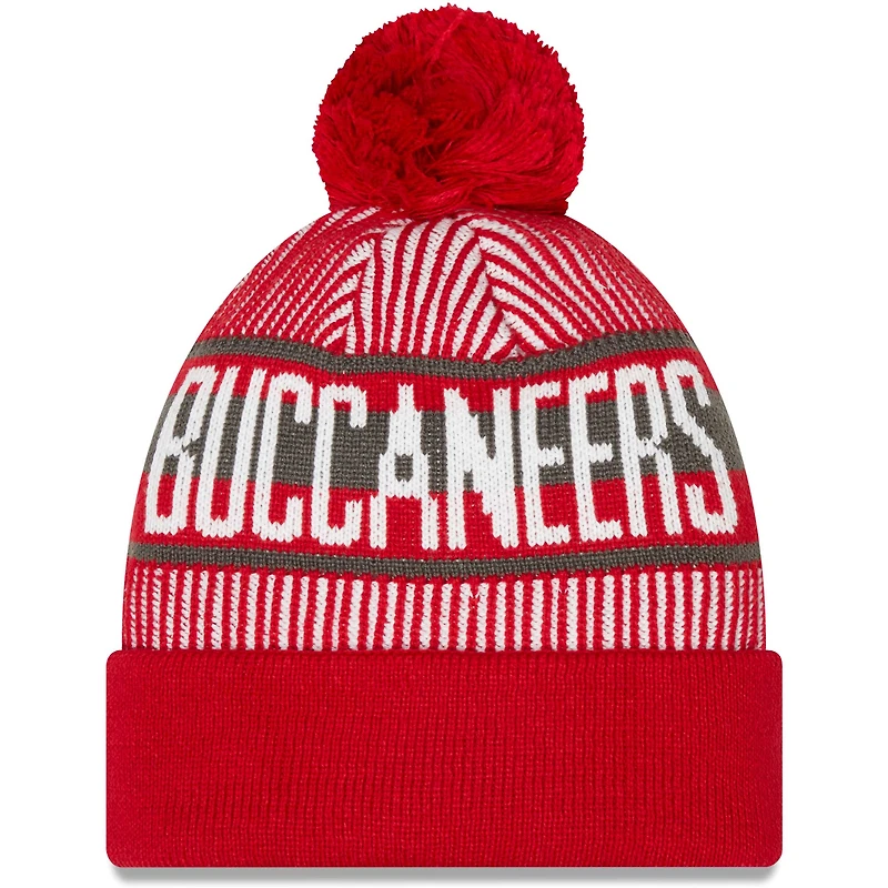 New Era Tampa Bay Buccaneers Striped rouge pour homme - Bonnet en tricot à revers avec pompon