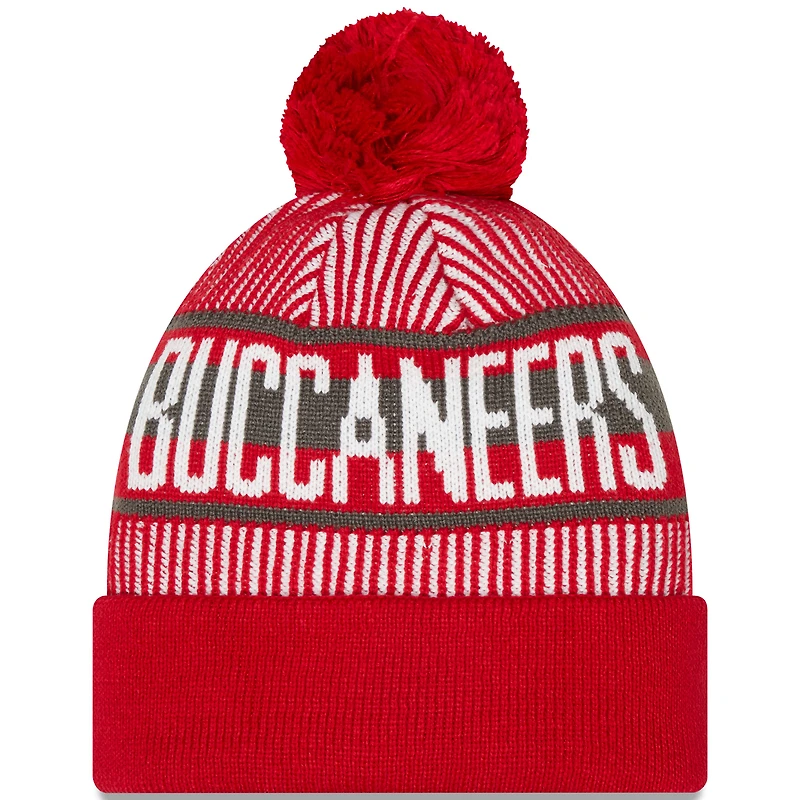 Bonnet en tricot rayé à revers et pompon New Era pour hommes, rouge, Tampa Bay Buccaneers