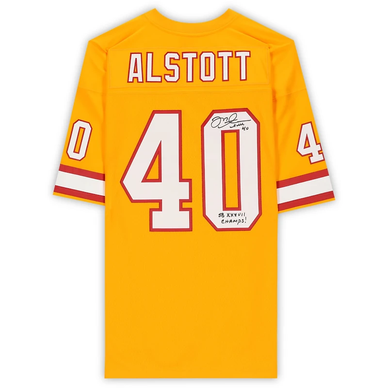 Maillot réplique autographié par Mike Alstott des Tampa Bay Buccaneers par Mitchell & Ness Orange Throwback avec inscription « SB XXXVII Champs »