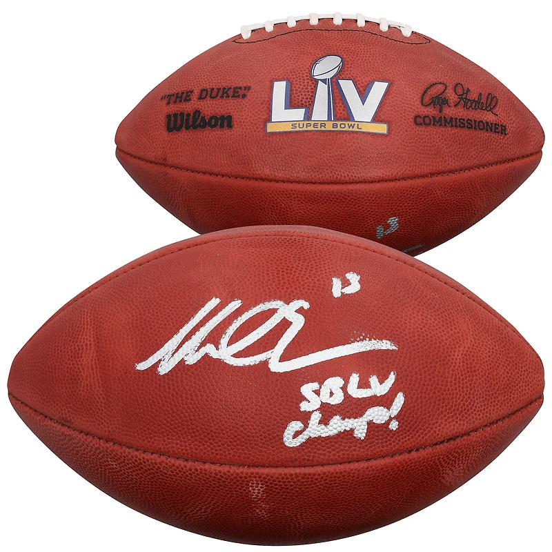 Ballon de football américain Duke, signé par Mike Evans, des Buccaneers de Tampa Bay, champions du Super Bowl LV, avec inscription « LV CHAMPS ».