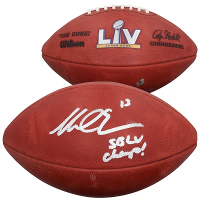 Ballon de football américain Duke, signé par Mike Evans, des Buccaneers de Tampa Bay, champions du Super Bowl LV, avec inscription « LV CHAMPS ».