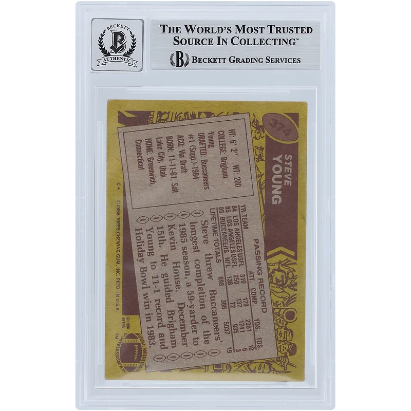 V106832 Bucs Steve Young Tampa Bay Buccaneers Carte de recrue autographiée Topps #374 Beckett Fanatics Witnessed 1986 avec inscription "HOF 2005" Steve Young AUT TPP TRADING CARDS 45666 AUTTRC CA01F06943 #26