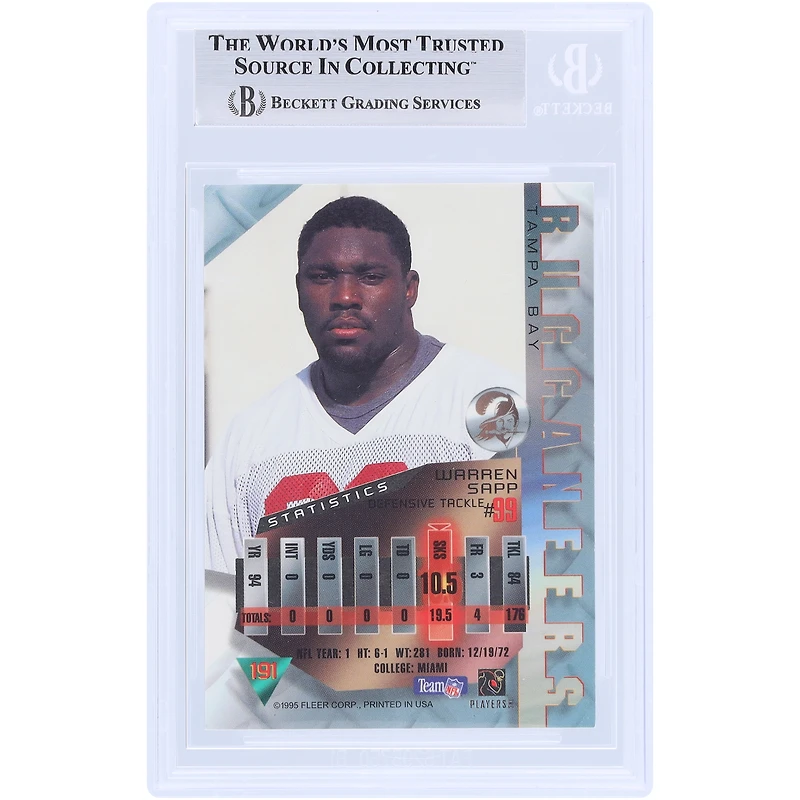 Warren Sapp Tampa Bay Buccaneers Autographed 1995 Fleer Metal #191 Beckett Fanatics Witnessed Authenticated Rookie Card