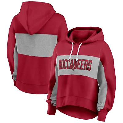 Sweat à capuche Fanatics rouge/gris chiné pour femme, Tampa Bay Buccaneers, avec fiche de statistiques.