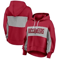 Sweat à capuche Fanatics rouge/gris chiné pour femme, Tampa Bay Buccaneers, avec fiche de statistiques.