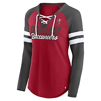 Women's Fanatics Red/Pewter Tampa Bay Buccaneers Iconic Raglan Lace-Up V-Neck Long Sleeve T-Shirt